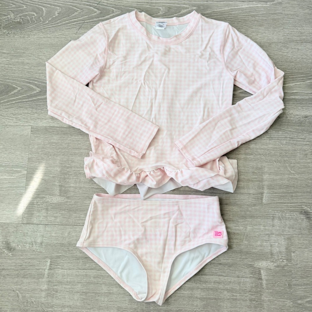 RuffleButts Girls Pink Gingham Long Sleeve Rash Guard Two Piece Swimsuit Size 10